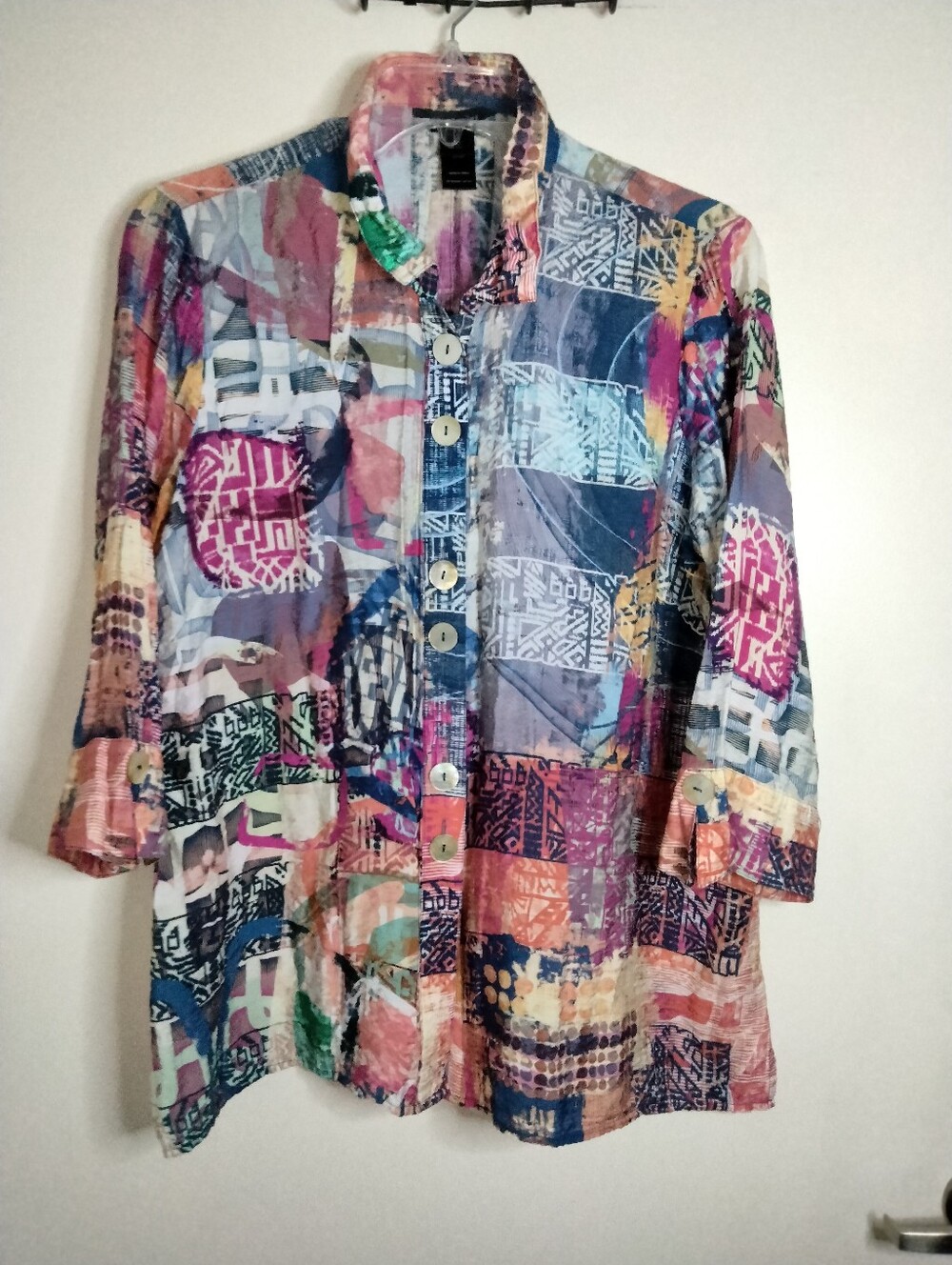 Ali Miles (Size 1X) Multicolored Patchwork Rayon 3/4 Sleeves Button-Down Shirt - Picture 10 of 12